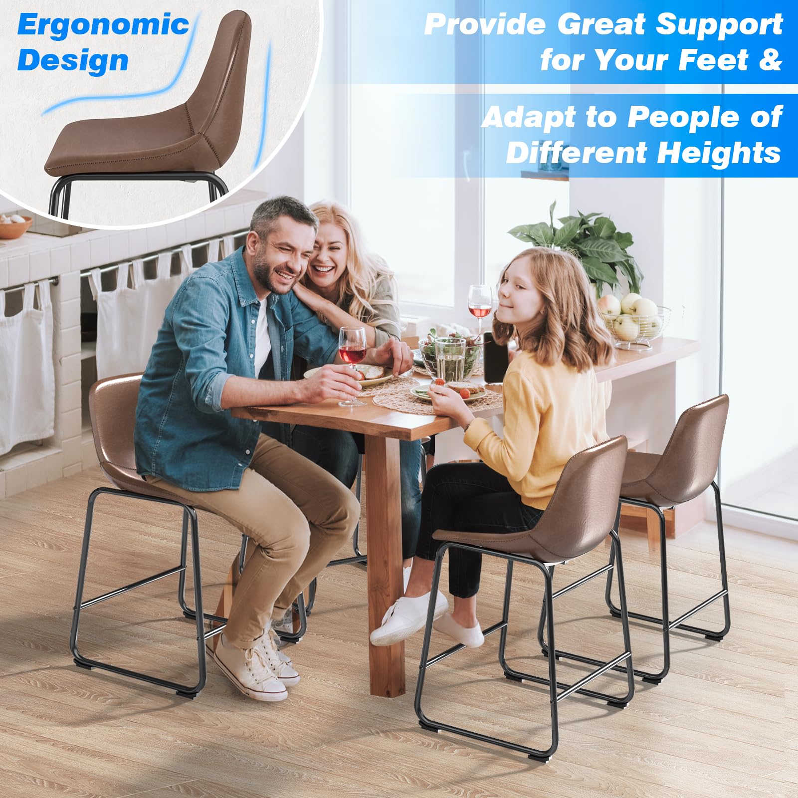 Rfiver Pu Faux Leather Bar Stools, Industrial Pub Barstools with Back and Footrest, Modern Armless Bar Height Stool Chairs